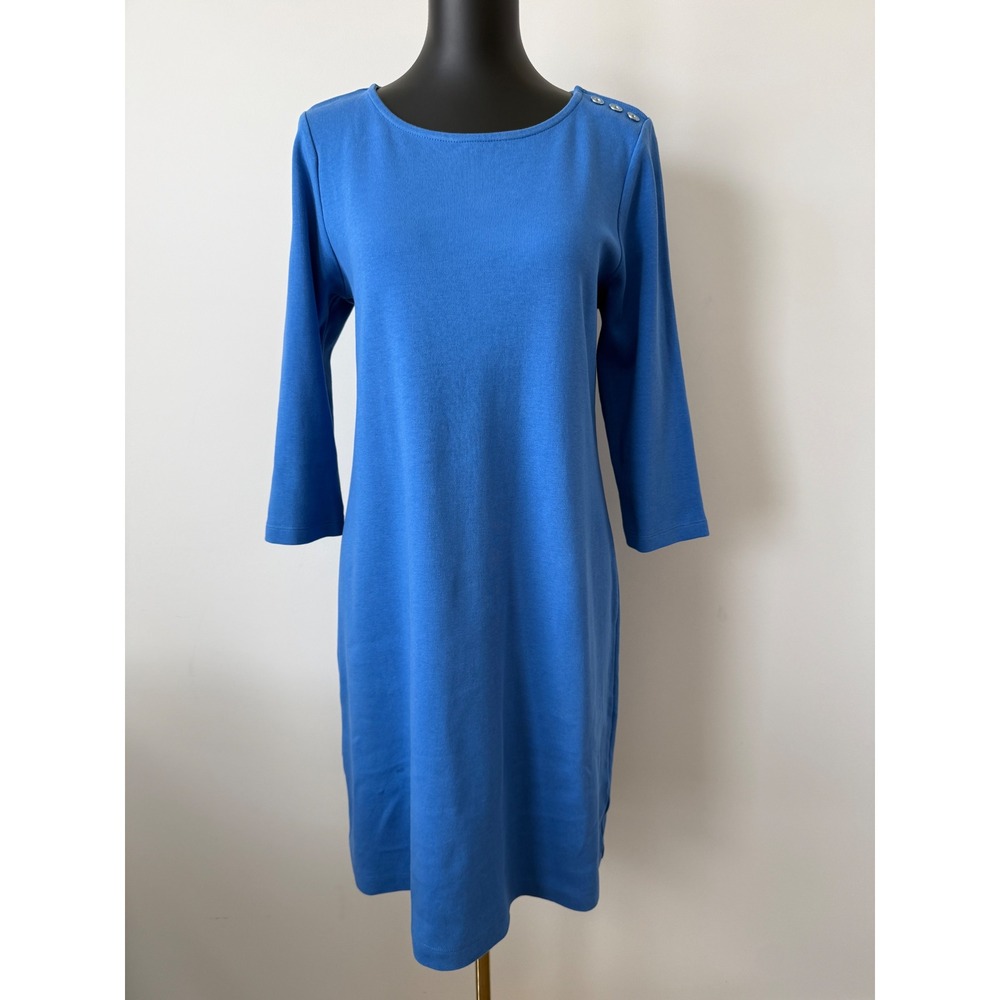 Talbots Womens Blue Cotton Knit 3/4 Sleeve Button Shoulder Shift Dress Large